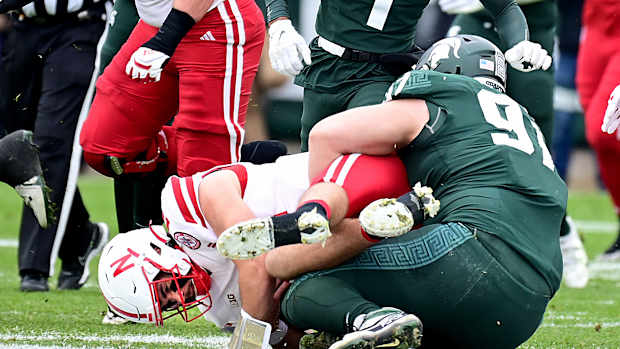 NU vs. MSU 2023 - Maverick Hansen sacks Heinrich Haarberg